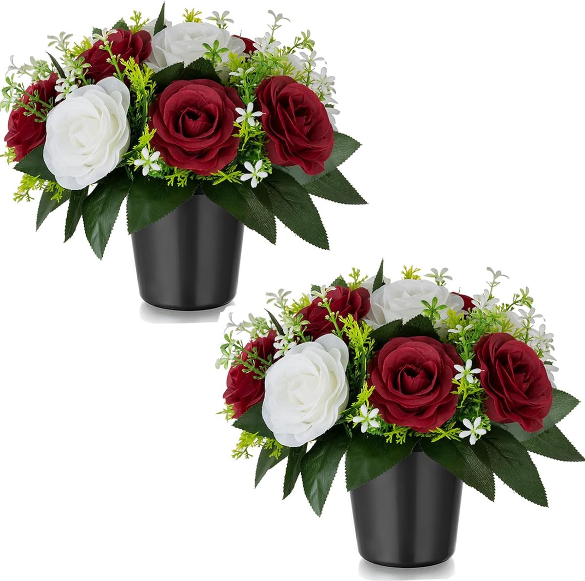 SnelShoppen - Kunstbloemen in Pot voor Grafdecoratie - 2 Rode Rozen met Vaas - Hoogwaardige Zijde - Stabiliteit en Makkelijk te Plaatsen - Perfect voo