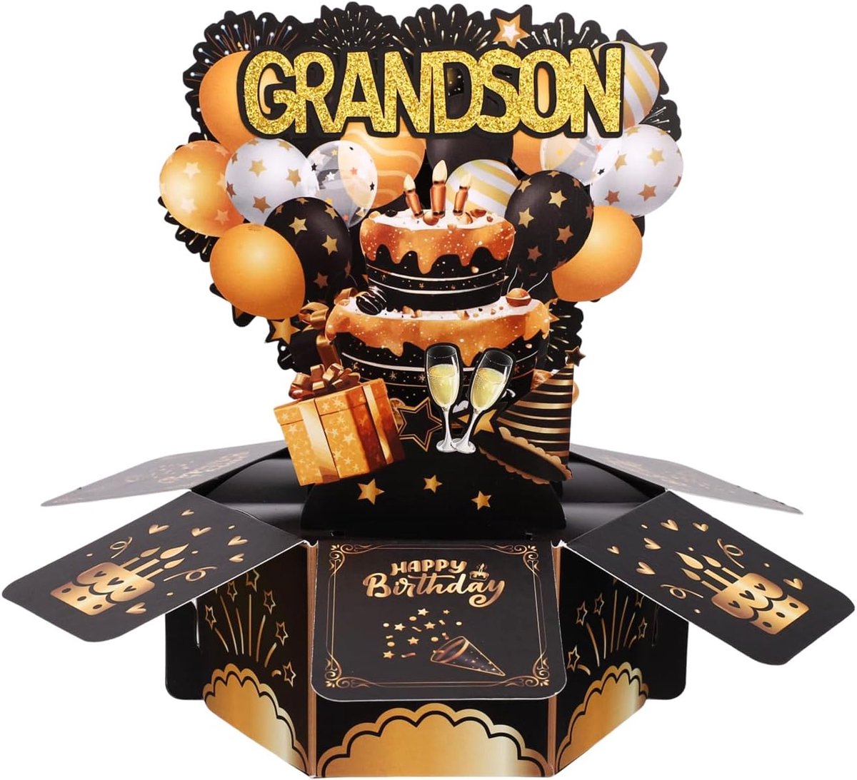 SnelShoppen - 3D Pop-Up Verjaardagskaart voor Kleinzoon, Zwart-Gouden Kaart met Ballon en Vuurwerk, Cadeau voor Feestelijke Gelegenheden, Perfect voor