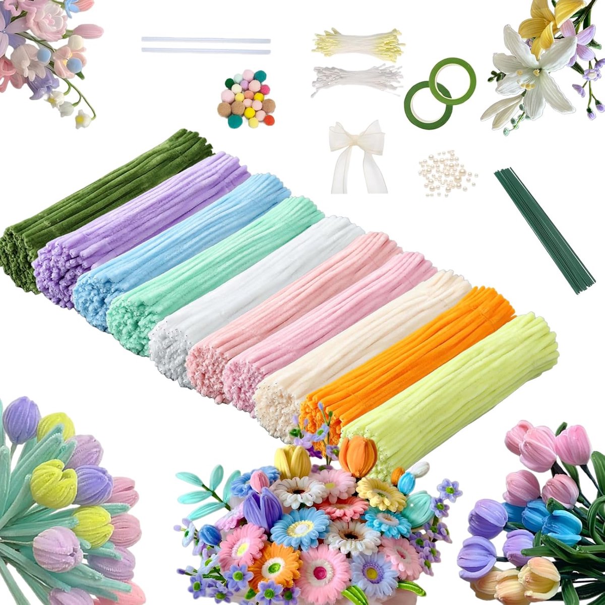 SnelShoppen - Pipe Cleaners Bloemen Set - 500 Stuks in 10 Kleuren - Voor DIY Knutselen, Bloem Decoratie, Tulpen Bouquet, Creatief, Kinderen, Feest
