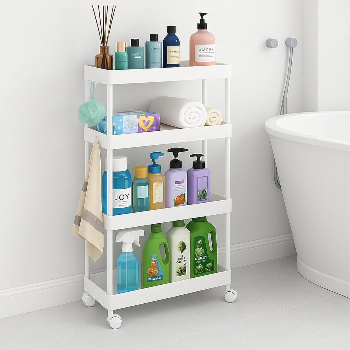 SnelShoppen - Multifunctionele Witte 4 Laags Opslag Trolley met Stille Wielen, Ideaal voor Keuken, Badkamer, Garage, Flexibel en Duurzaam Design