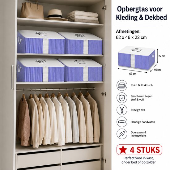 Twee blauw-wit gestreepte opbergzakken met 'Home Sweet Home' opdruk in een open kast, met kleding op hangers.