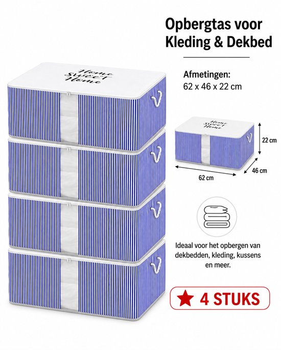 Vier blauw-wit gestreepte opbergzakken met 'Home Sweet Home' opdruk, met witte handgrepen en ritssluiting.