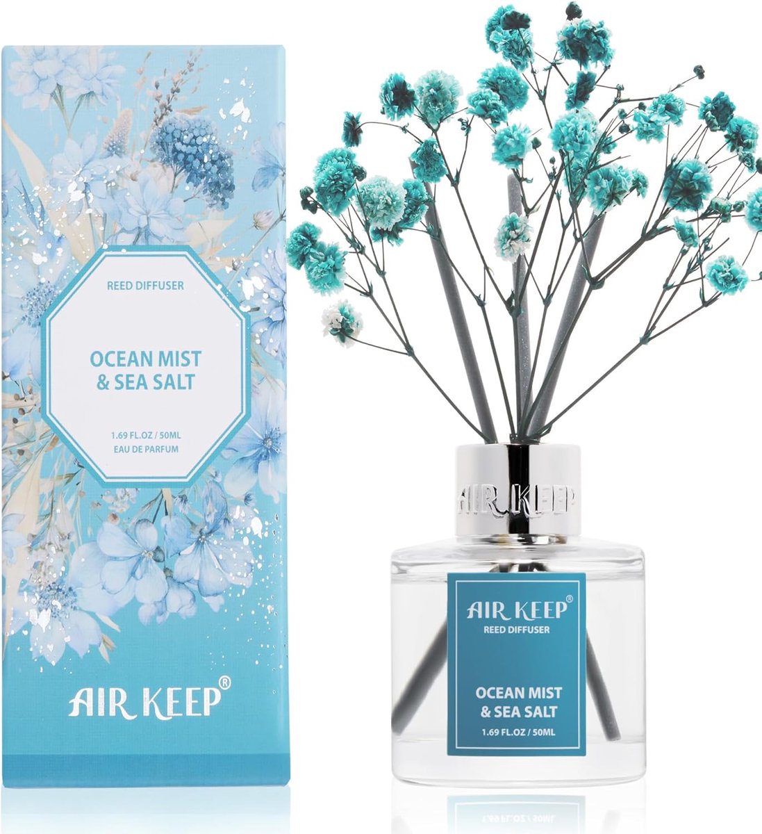 SnelShoppen - Geursticks 50ml - Ocean Mist & Sea Salt - Geurverspreider met Gedroogde Bloemen - Luchtverfrisser voor Badkamer, Woonkamer en Kleine Rui