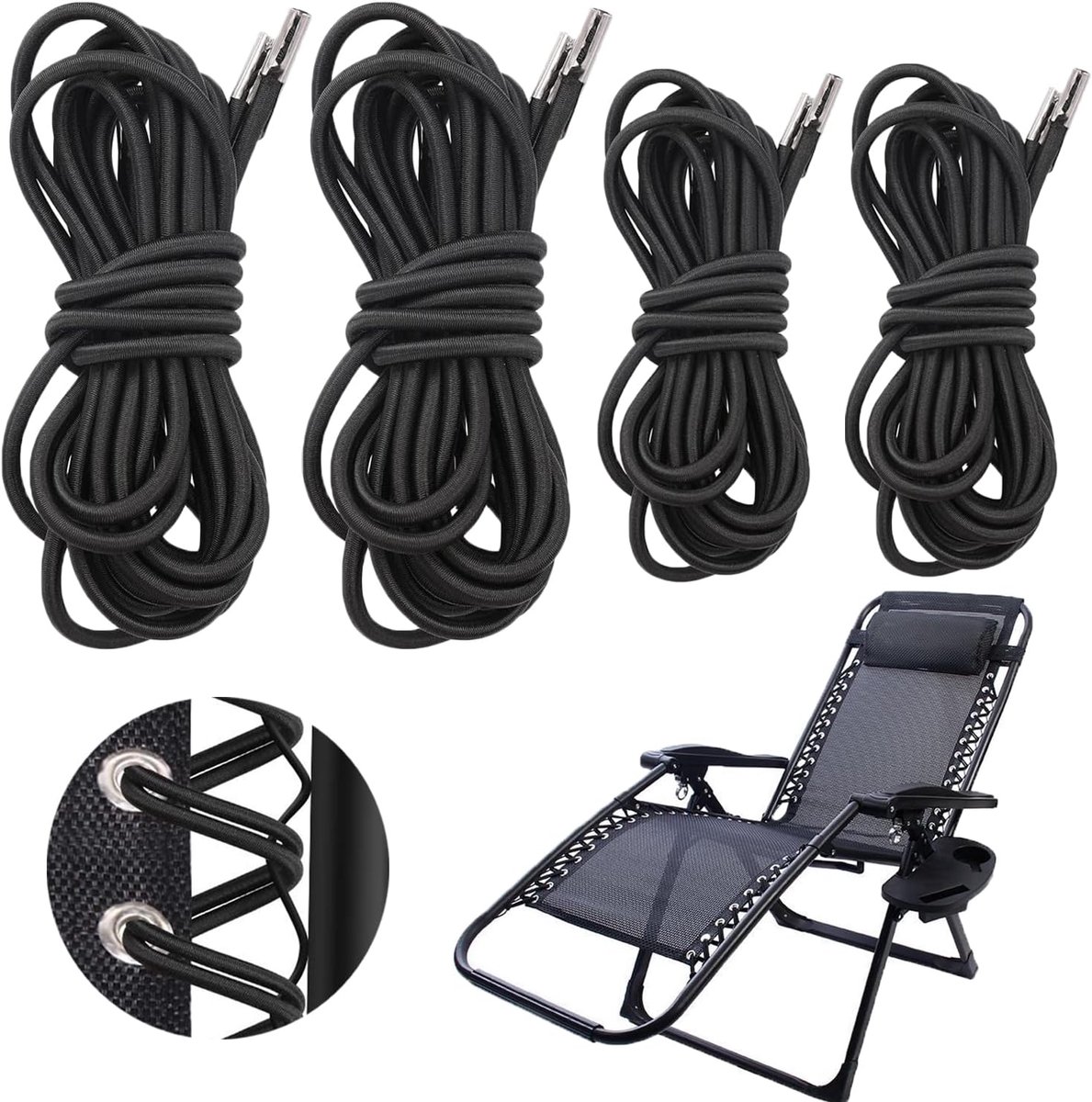 SnelShoppen - Vervangingsset Universele Elastische Touwen voor Recliner Stoel - 4 Stuks Elastische Lussen voor Zero Gravity Stoel - Duurzaam en Flexib