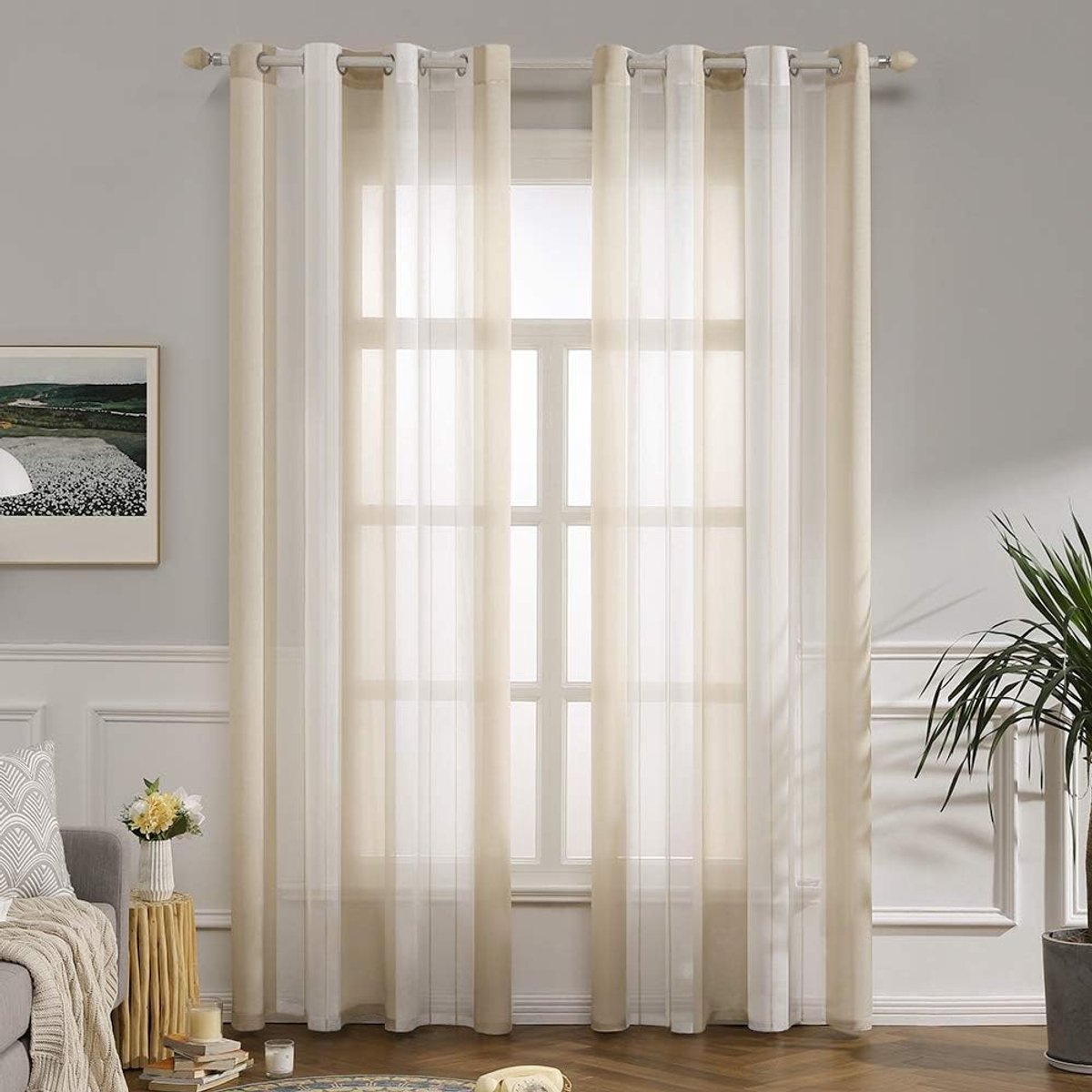 SnelShoppen - Transparante Voile Gordijnen met Oogjes voor Woonkamer en Slaapkamer, Set van 2, 140 x 260 cm, Wit met Beige, Ideaal voor Kinderkamer en