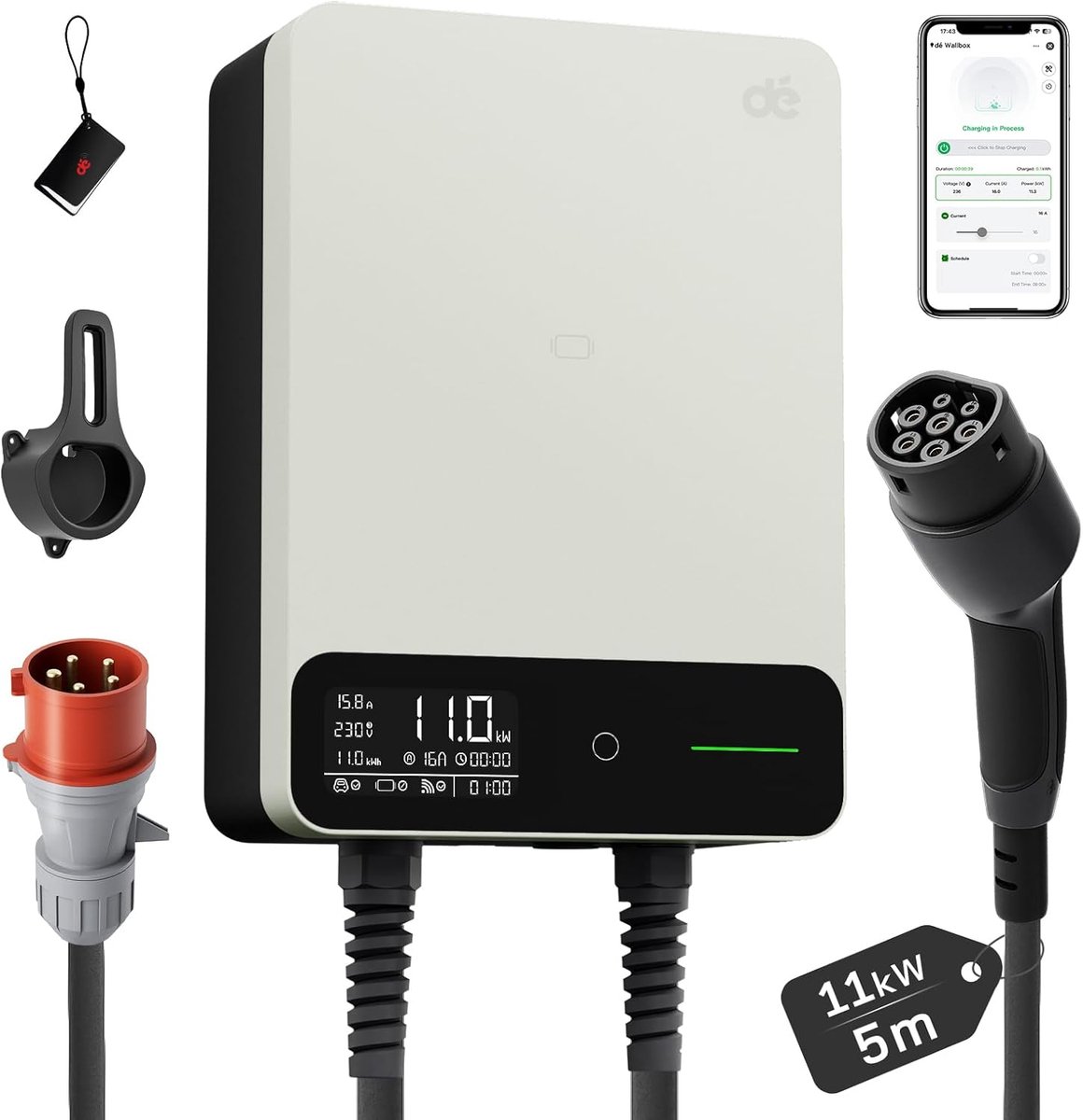SnelShoppen - Laadstation voor Elektrische Auto 11 kW, Wandbox met Type 2 Kabel (5 m), App, RFID, RCD Type A, IP54 Bescherming - Snelladen Model Y/3 e