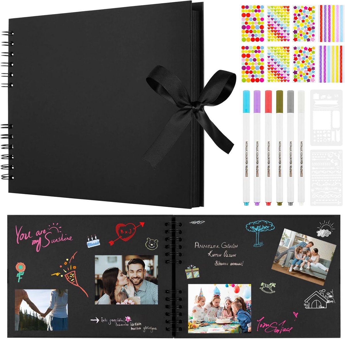 SnelShoppen - DIY Foto Album Scrapbook 29 x 21.5 cm - Luxe Knutsel Album met 40 Zwarte Bladen, Kleurige Pennen & Stickers - Perfect voor Baby's, Stell