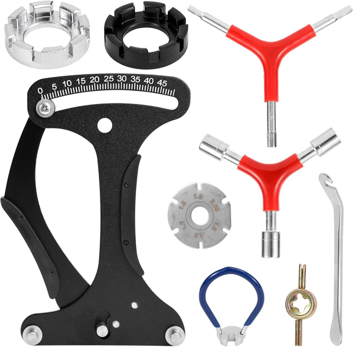 SnelShoppen - 9-delige Fietsspaak Sleutelset met Spanningmeter, Fietssleutel en Bandenlichters - Universele Reparatietools voor Wielafstelling en Onde