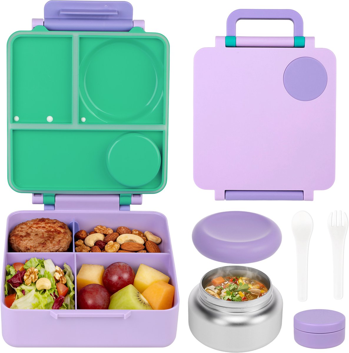 BentOH! Square Paars - Lunchbox met RVS Thermospotje - Lekvrij - Inclusief Bestek - BPA-vr