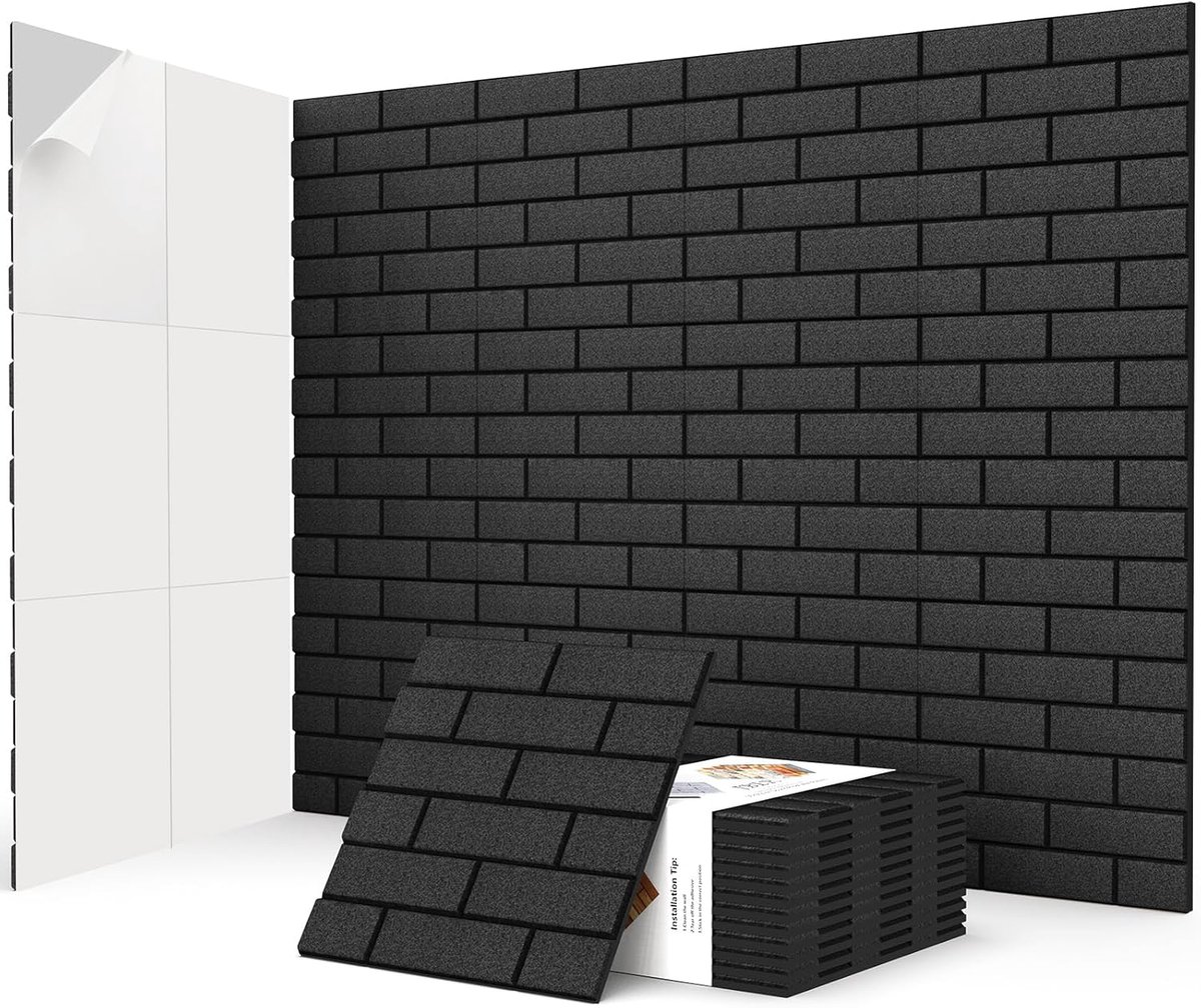 SnelShoppen - 24 Stuks Zelfklevende Geluiddempende Brick Acoustische Panelen 30x30x1cm Zwart - Hoge Dichtheid Geluidsisolatie voor Opnamestudio's, Spe