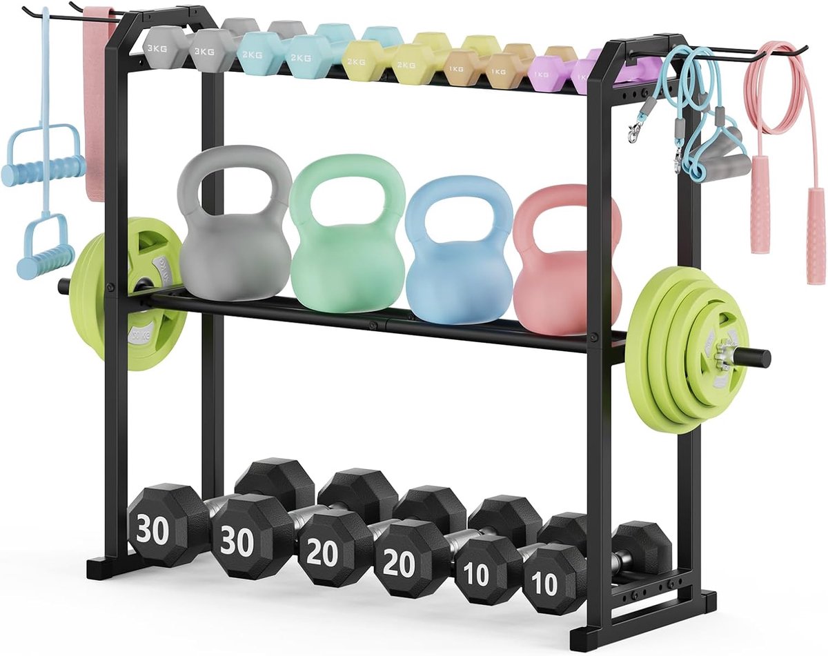 SnelShoppen - Verstelbare Drie-Laags Dumbbell Stand voor Dumbbells, Kettlebells en Fitnessartikelen, Ruimtebesparende Gym Organiser, 85 x 32 x 80 cm,