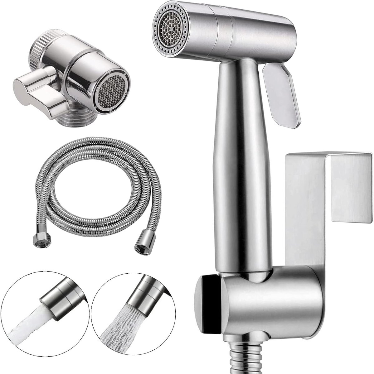 Handdouche voor Bidet, Handbediende Toilet Sprayer met Dubbele Modus (Jet/Stream), Inclusief Slang en Wandhouder, RVS Bidet Accessoire voor Hygiënische Reiniging
