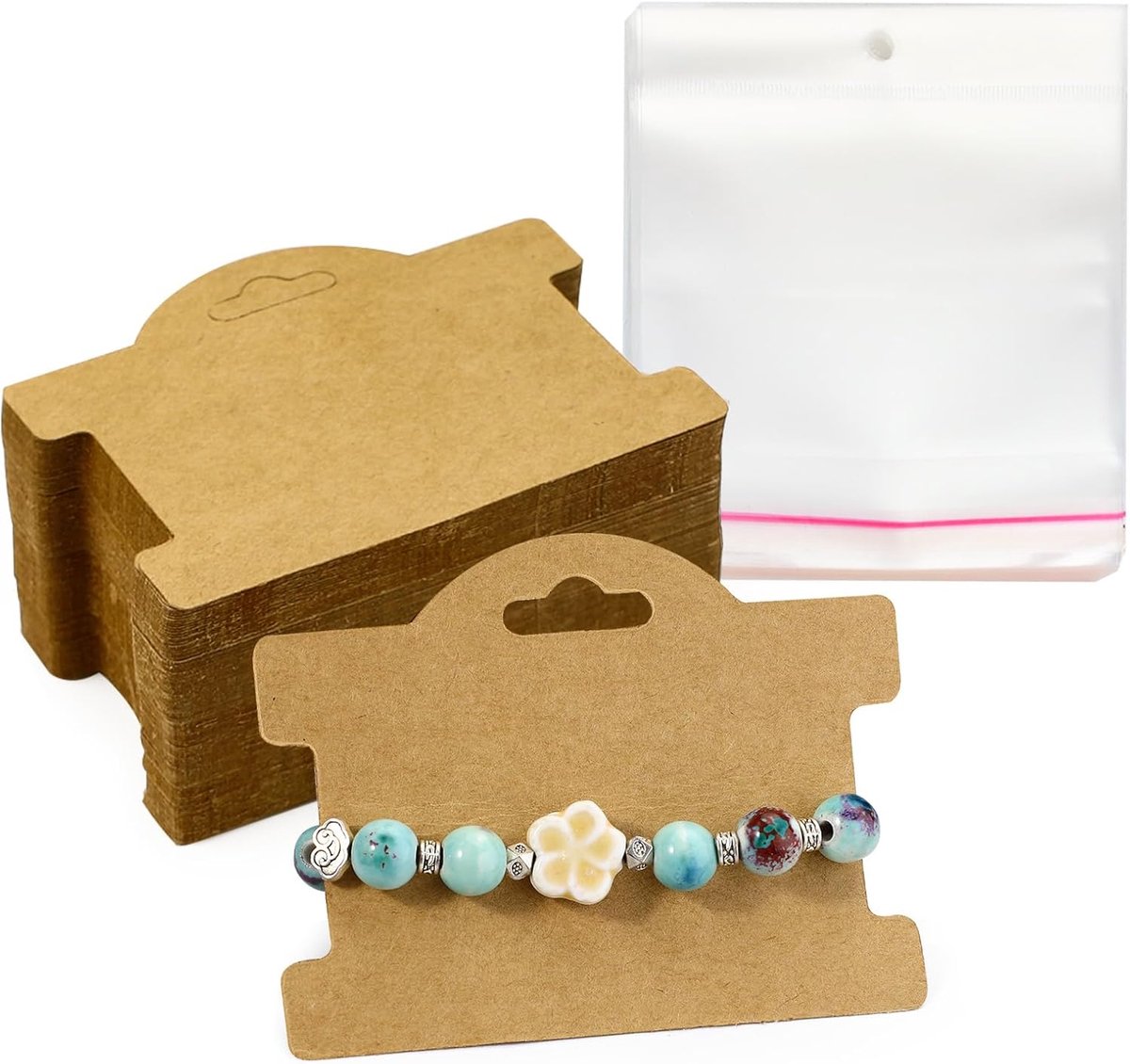 SnelShoppen - 100 Pcs Armband Display Kaarten met Zakjes, 9.6cm x 7.3cm Hangende Sieraden Kaarten voor Verkoop, Multi-Functionele Armbandhouder Verpak