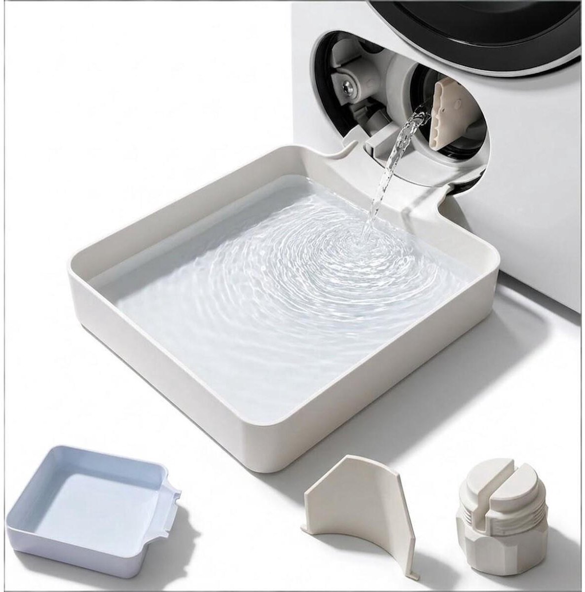Lekbak wasmachine - set 3 stuks（Waterbak + universele geleideschoep + moer）- 17,8 ×17,8 x 5cm - Lekbak voor Wasmachine en Vaatwasser - Vloerbescherming tegen waterschade - universele - wateropvangbak voor kelder, woning, camper - wit