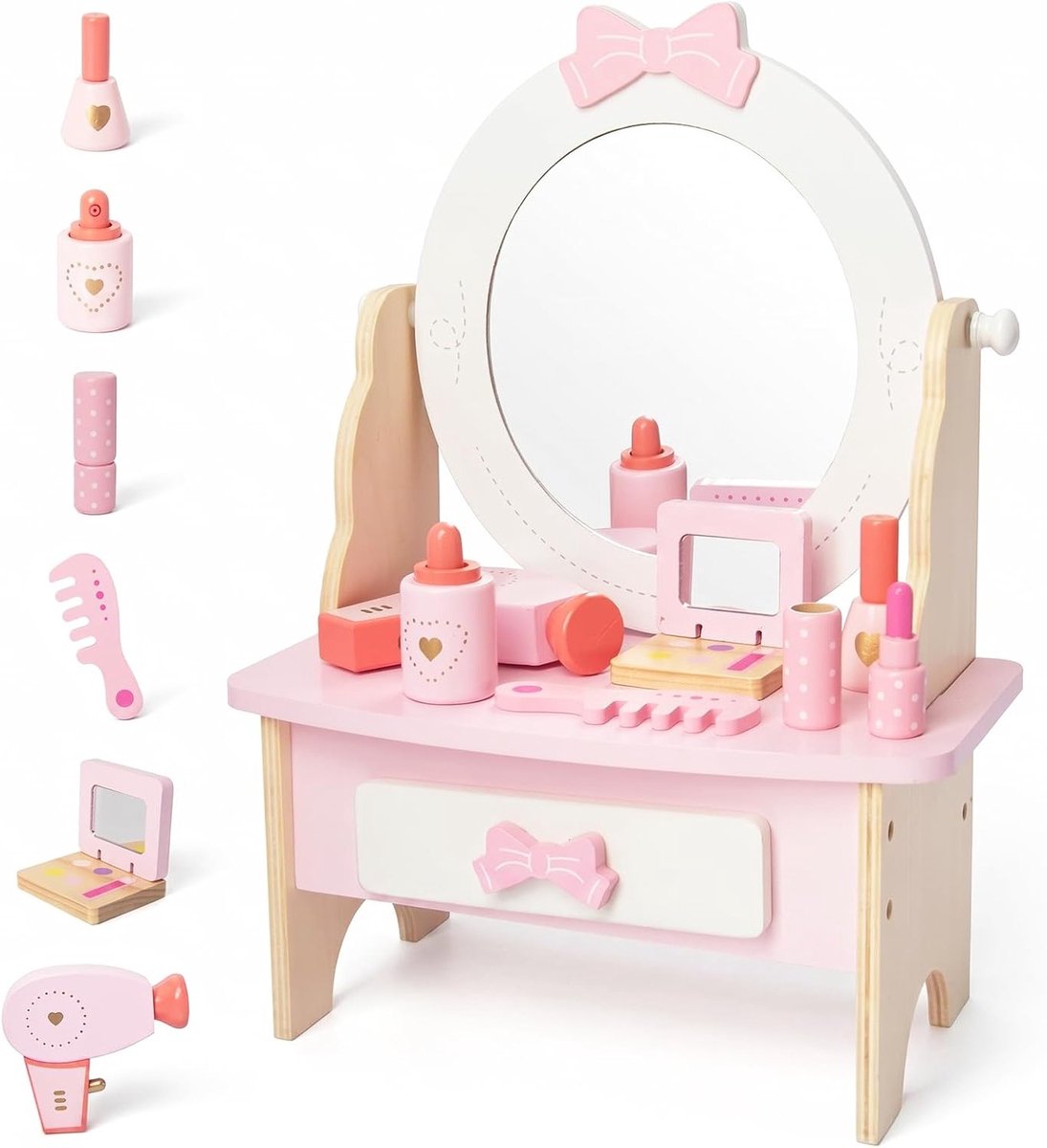 Meisjes Make-up Tafeltje met 360° Draaibare Spiegel, Lades en 7 Make-up Accessoires in Roze