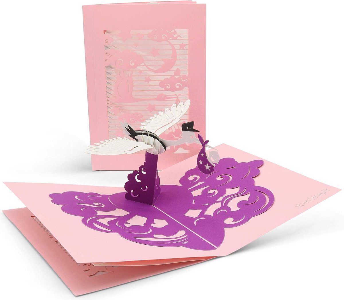 SnelShoppen - Geboorte Felicitatiekaart met Extra Pagina voor Groeten - Hoge Kwaliteit Kaart voor Meisjes - Paarse 3D Pop Up Geboorte Kaart met Ooieva
