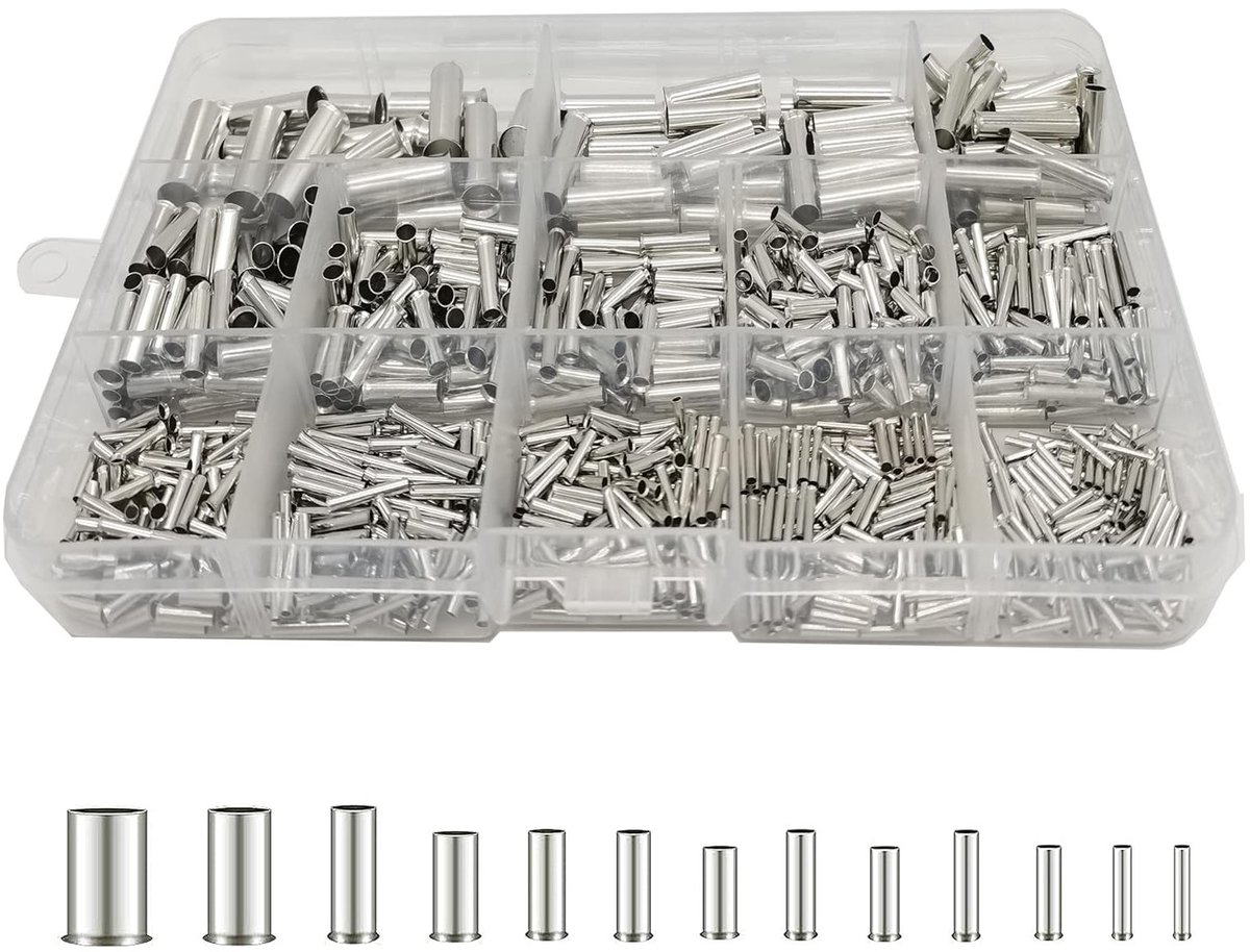Koperbuisconnectoren Set van 1000 Stuks met Ferrules, Crimping Tangen en Ferrule Verspreider voor Kabels 0.5-16.0mm² en 6-22 AWG