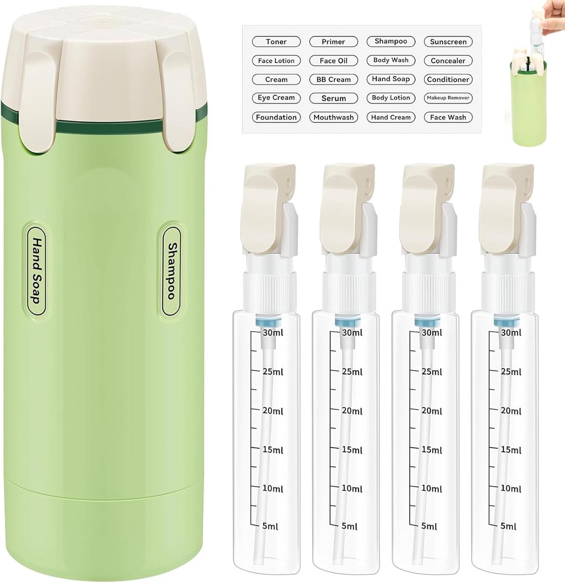 SnelShoppen - 4-in-1 Travel Bottle Dispenser Set - Refillable, Portable, Leak-Proof Toilettas - Ideaal voor Vliegtuig, Handbagage, Kamperen, Reizen -