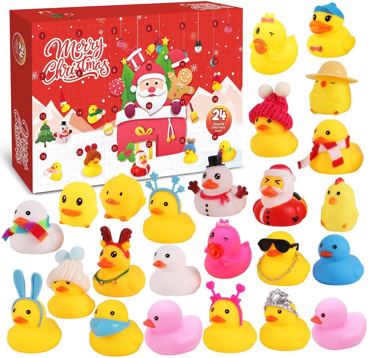 Kerstkalender met aftelfunctie - 24-daagse kerstkalender met rubberen eendjes - Leuk kerstcadeau - Piepend geel eendje - Geschikt om mee te baden en te spelen / Intellectuele ontwikkeling / Grijpen / Zintuiglijke oefening.