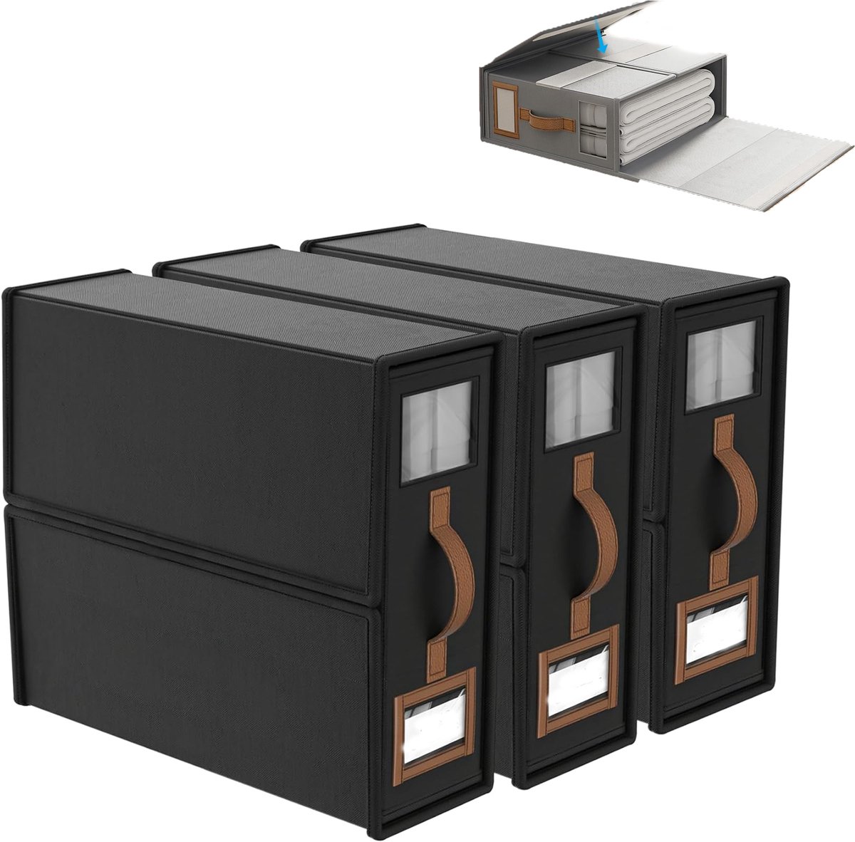 KZQ 3-pack opvouwbare opbergboxen voor beddengoed - Linnen stof met venster voor overzichtelijke opslag - Geschikt voor lakens kussens en dekbedden - Perfect voor kastorganisatie - Zwart