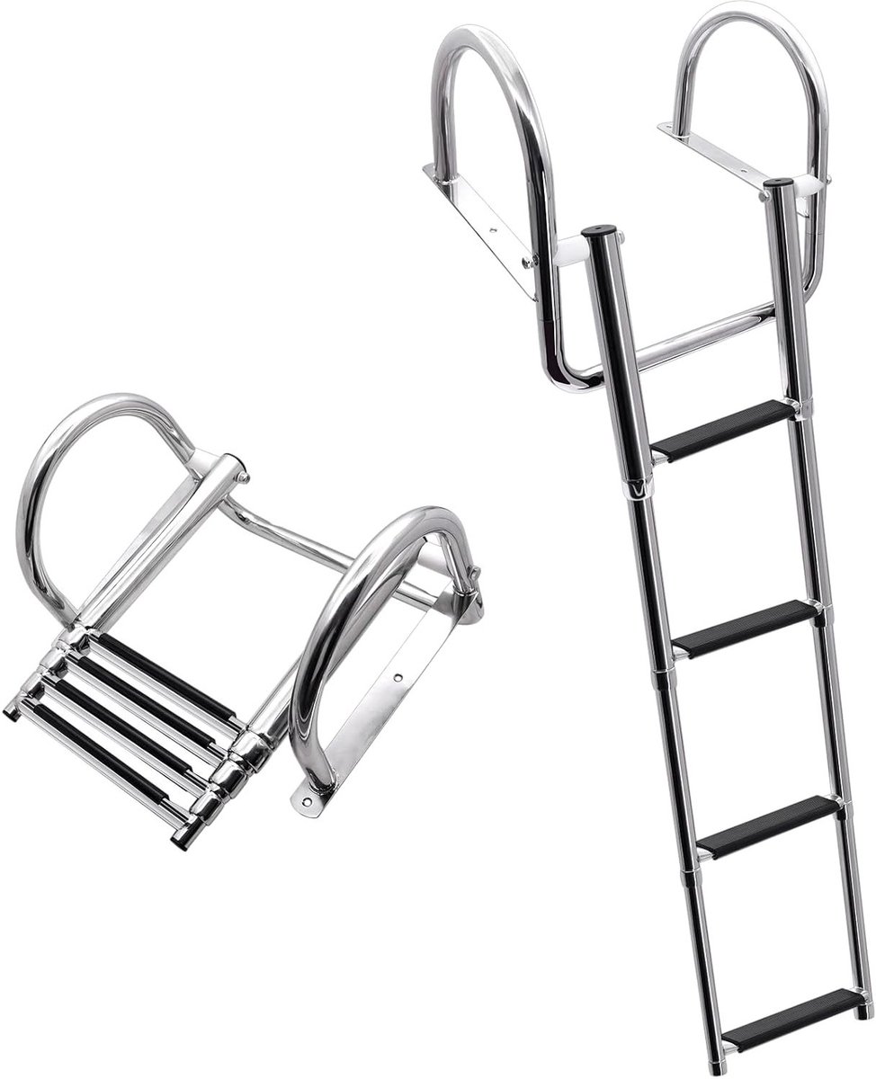 Vouwbare bootladder met 4 treden van roestvrij staal, brede sporten en grote leuningen, 227 kg draagvermogen voor bootdekken en zwembaden