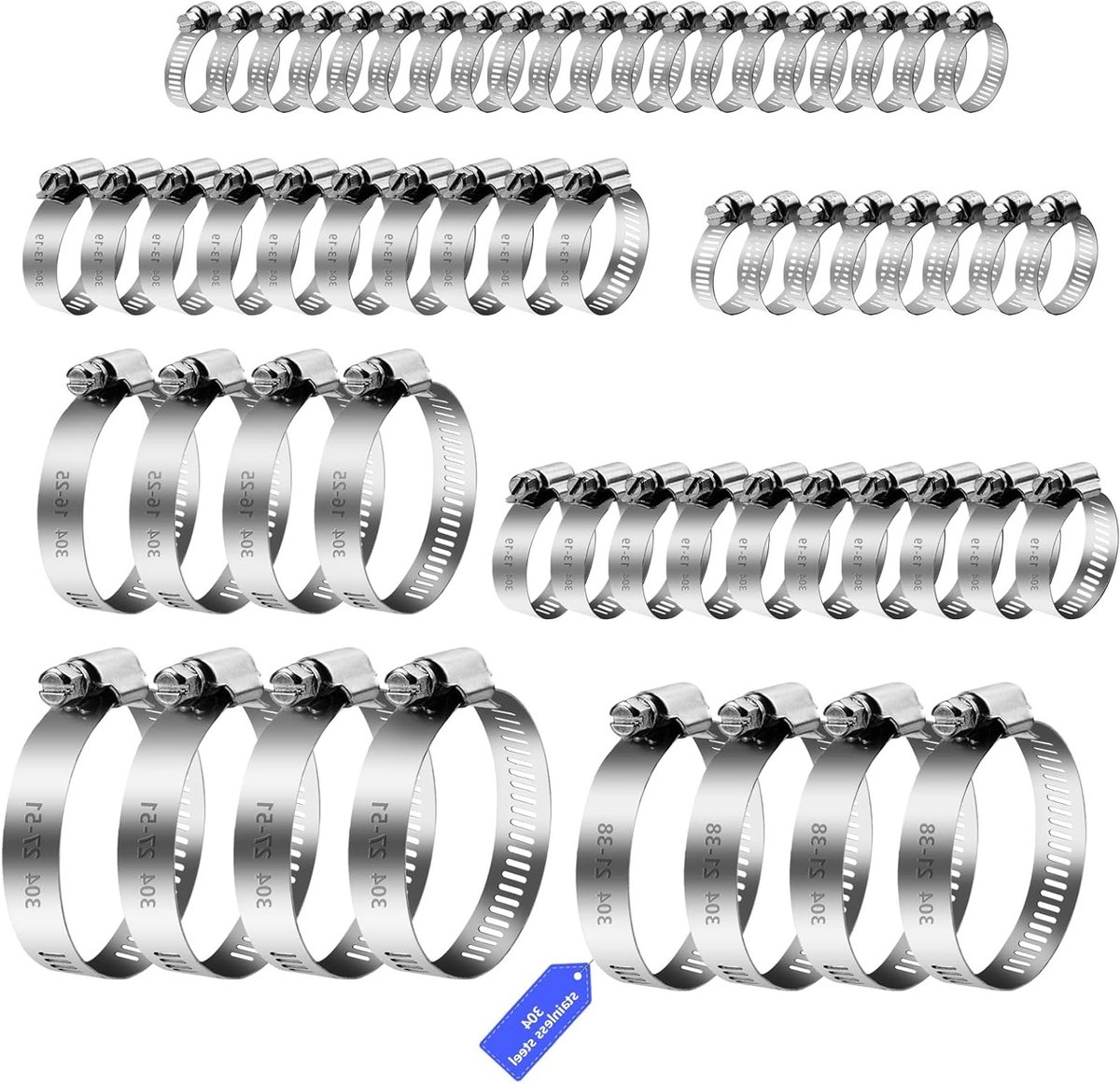 SnelShoppen - 60-delige Slangenklemmen Set, 6-51mm RVS 304 Slangklemmen, Verstelbare Slangklemmen voor Wasmachine, Zwembad, Brandstofslang, Tuin en Ke