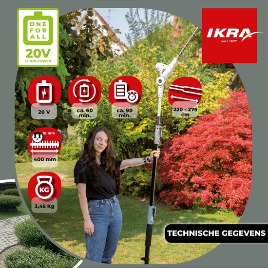 IKRA telescopische accu-heggenschaar ICPH 2040, inclusief 2 x 20V (2,0 Ah en 2,5 Ah) accus, snellader en schouderriem van IKRA — afbeelding 4