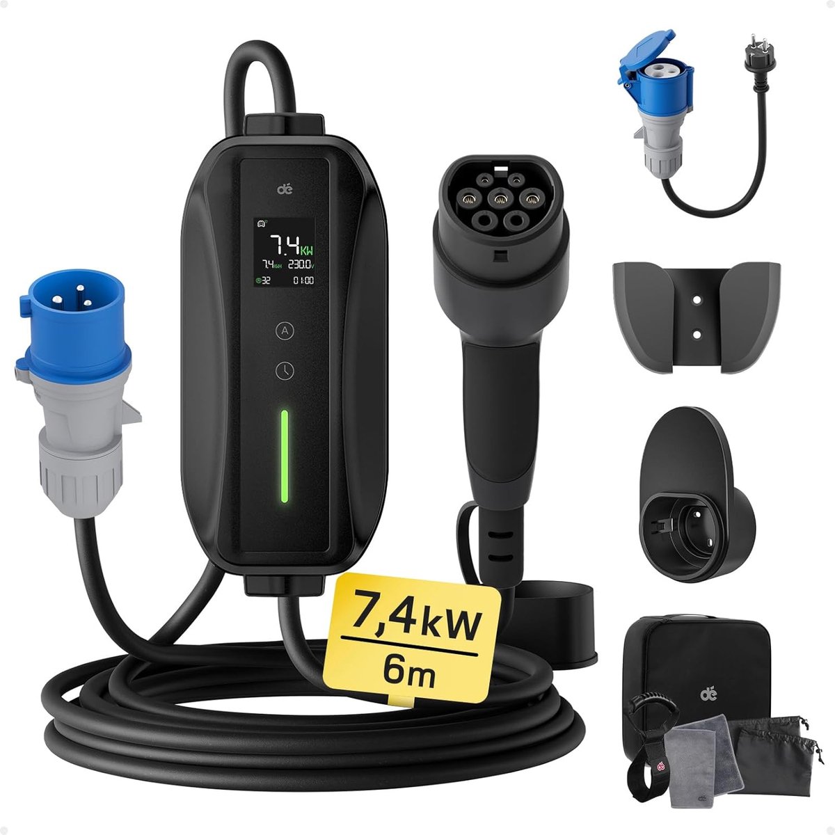 SnelShoppen - EV Charger Type 2 7,4kW CEE - Snelle Oplader voor Elektrische Auto's met Schuko Adapter - 1-Phase 6m Kabel - Compatibel met Model Y/3, 5