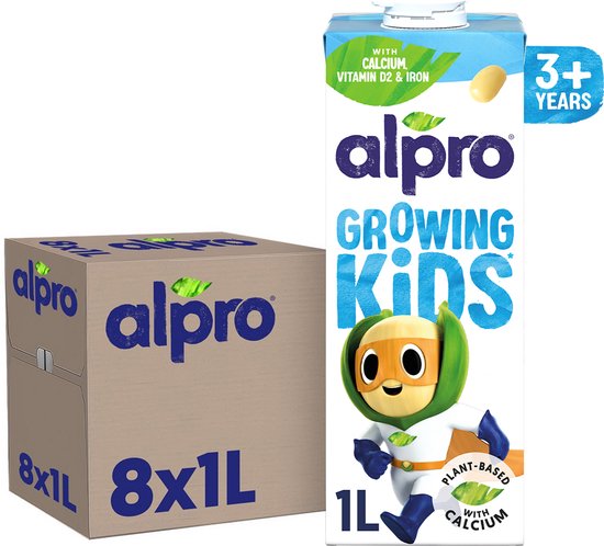 Alpro Growing Kids carton 1L et boîte de 8x1L cartons, personnage de dessin animé.