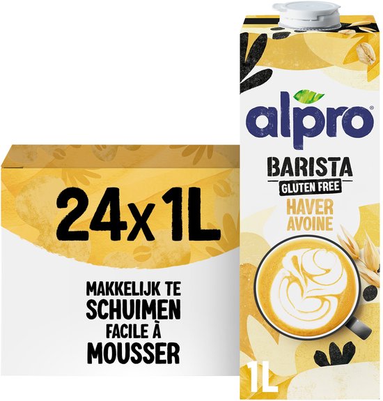 Alpro Barista haverdrank verpakking met 24 x 1L pakken. "Makkelijk te schuimen".