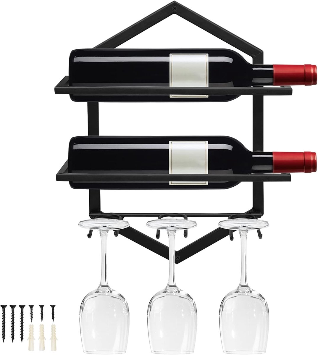 SnelShoppen - Wandgemonteerde Metalen Wijnhouder voor 2 Flessen en 3-6 Glazen - Stijlvolle Wijnrek voor Thuis, Keuken of Bar - Zwart, Perfect voor Fee