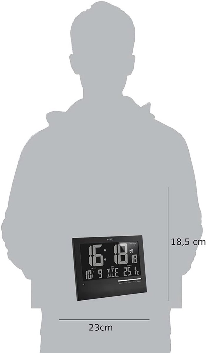 SnelShoppen - Digitale Radio Controlled Klok met Temperatuurweergave, Snooze Alarm, Automatische Verlichting, Zwart, 230x31x185mm, Hangend of Staand