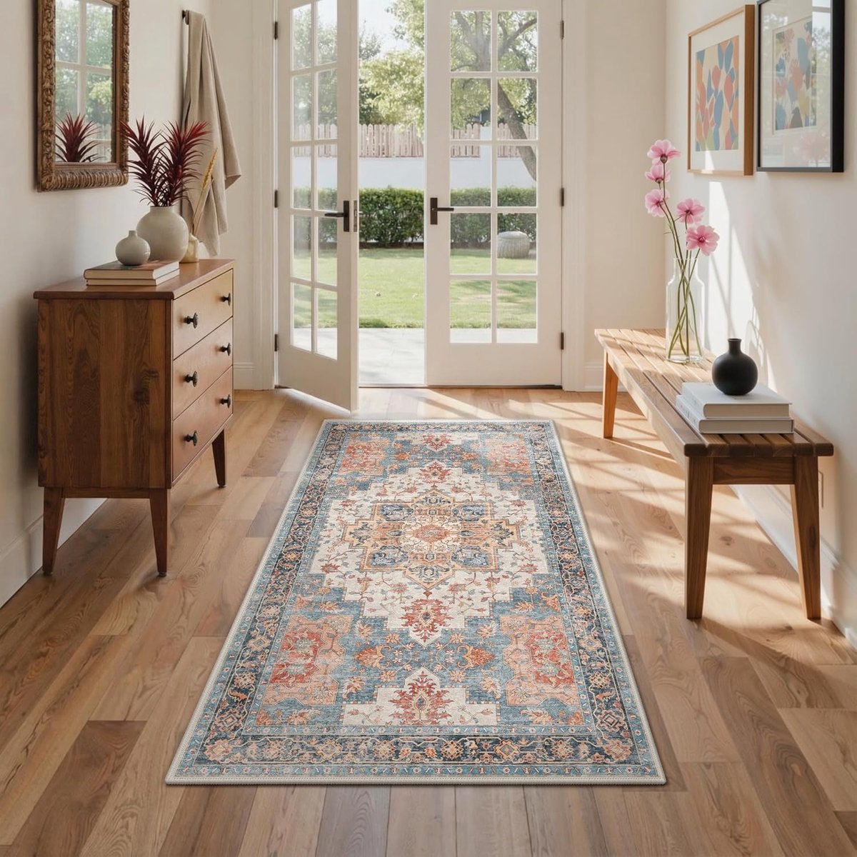 SnelShoppen - Vintage Vloerkleed 80x150 cm - Machinewasbaar - Antislip Onderkant - Boho Stijl in Pastelkleuren - Korte Pool voor Woonkamer, Keuken en