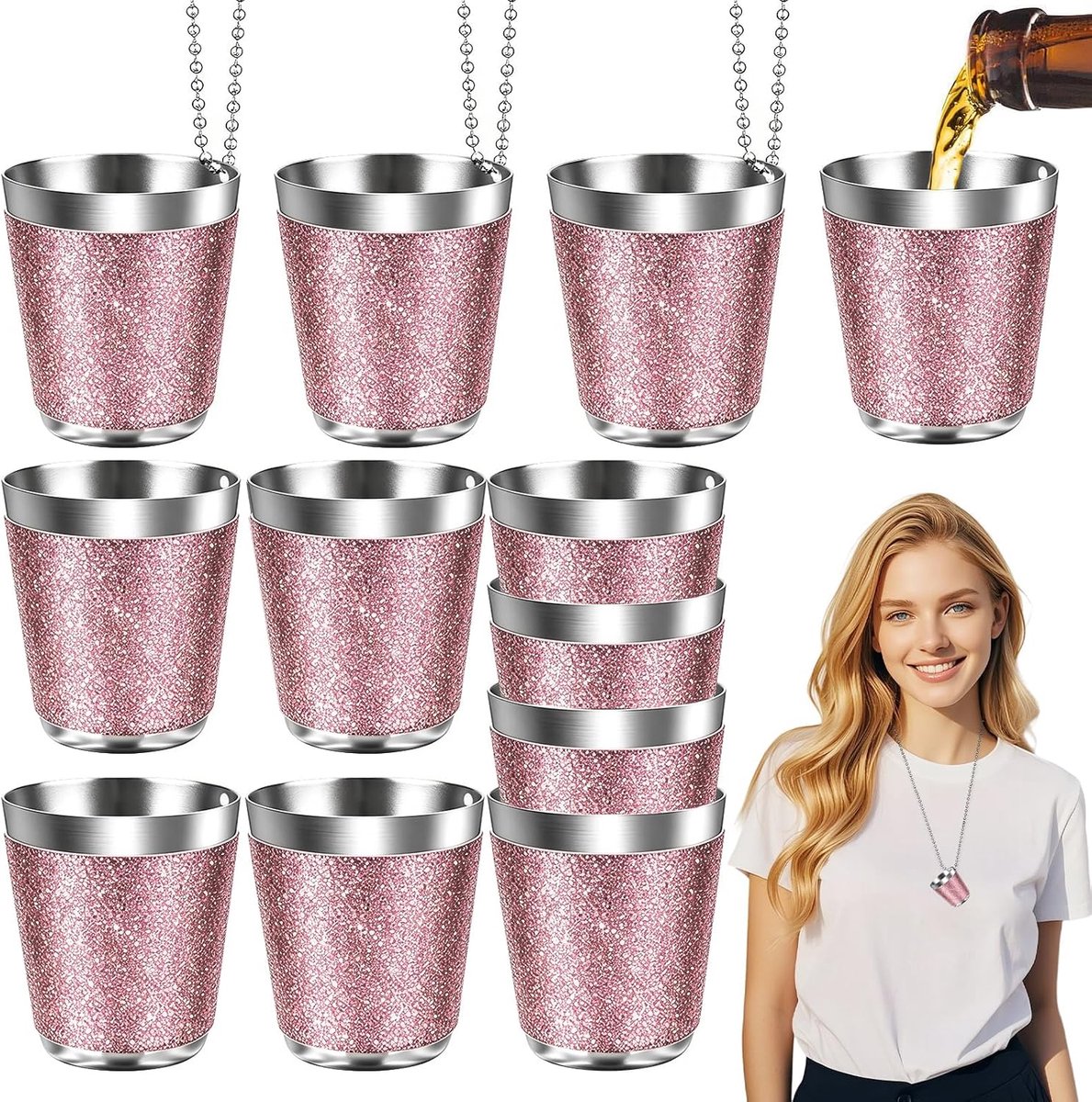 SnelShoppen - 12 Stuks Hangende Shotglazen 30ml RVS met Ketting - Roze Shot Glazen voor Bruiloften, Verjaardagsfeesten, Carnaval en Wijnproeverijen
