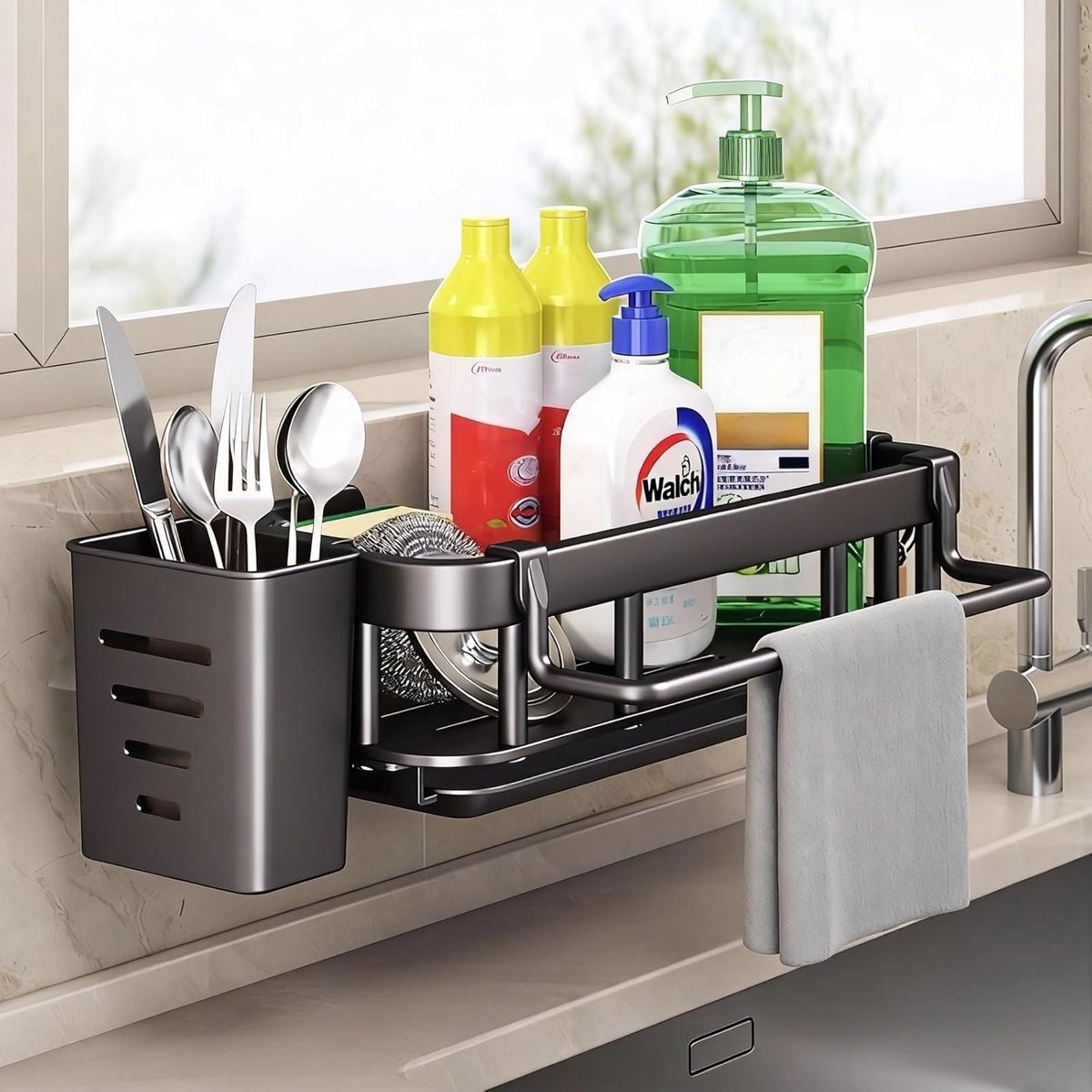 SnelShoppen - Sink Organiser Keuken, Multifunctionele Sponge Holder met Verwijderbare Doekhouder, Chopstick Houder en 2 Haakjes, Zwart, Ideaal voor Ke
