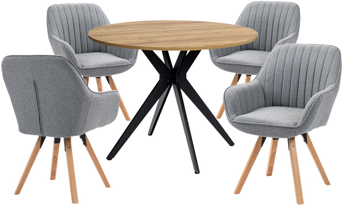 Eethoek - Ronde Eikenlook Tafel En 4 Houten Draaistoelen - Grijs