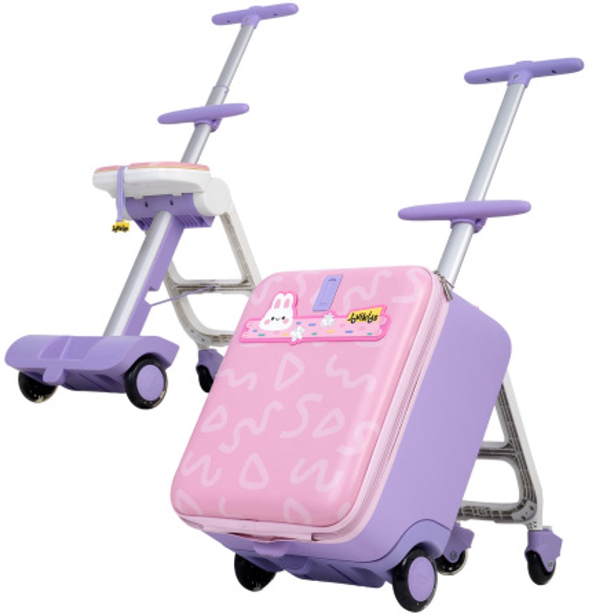 Kinderrolkoffer - reisaccessoire voor jonge kinderen - roze 3-in-1 32L zitkoffer met telescoophandgreep en vier wieltjes - reistrolley - opklapbare losneembare koffer - kinderbagage - bagage met meerdere opbergvakken voor vakantiereizen