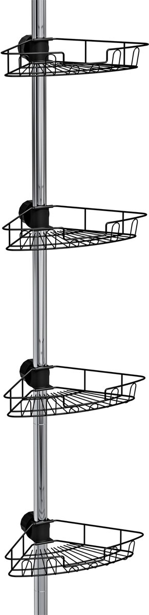 PIPIPOXER - Telescopisch Doucherek - Badkamer Rekje - Verstelbaar 75-300 cm -Doucherek zonder Boren of Schroeven - 4-traps metalen hoekdoucheplank - zilver en zwart