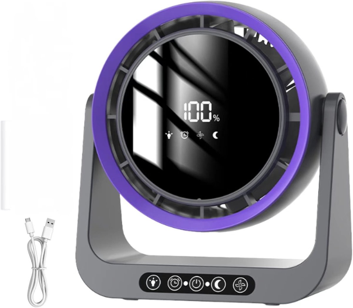 Draagbare bureauventilator – Tafelventilator – Met led-display – Werkt op batterijen – Krachtige luchtstroom met 5 snelheden – Stil – 90° kantelbaar – Wandmontage mogelijk – Geschikt voor thuis, kantoor en gebruik binnen/buiten – Grijs