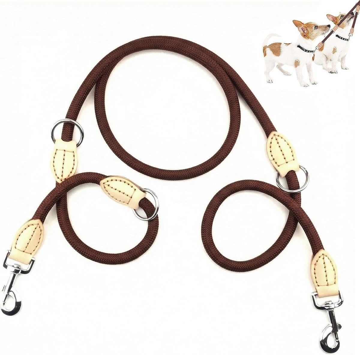 SnelShoppen - Dog Leash 2.1 m Dikke Nylon Hondenlijn Verstelbaar Hands-Free met 2 Carabiners Bruin Geschikt voor Grote Honden en Dubbele Honden