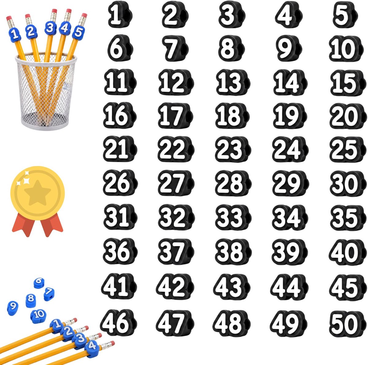 Namajunas - Genummerde potlooddop - Verpakking van 50 stuks - Zwart, nummers 1 tot en met 50 - Herbruikbare potloodlabels - voor klassikale organisatie en het bijhouden van schoolspullen - School benodigdheden - Klaslokaal hulpmiddelen