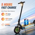 Zwarte elektrische step met gele velgen, 28 mijl actieradius en 5 uur snelladen.