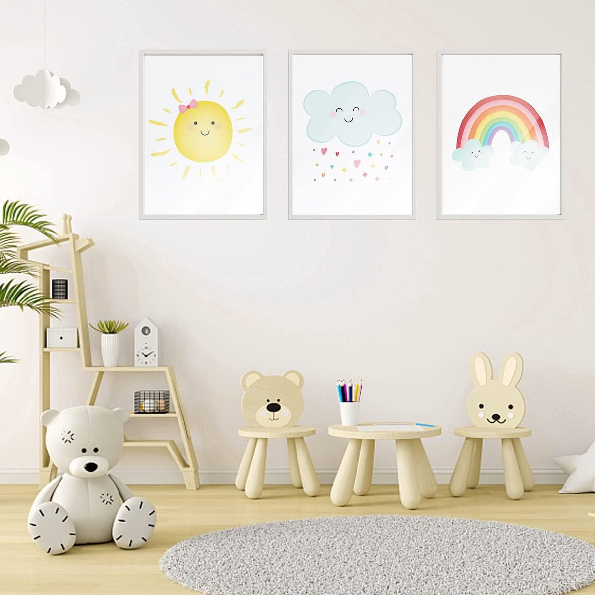 SnelShoppen - Kinderen Kamer Poster Boho Wanddecoratie voor Babykamer Meisje met Regenboog Wolken en Zon op Hoogwaardige Canvas - Geschikt voor Jongen