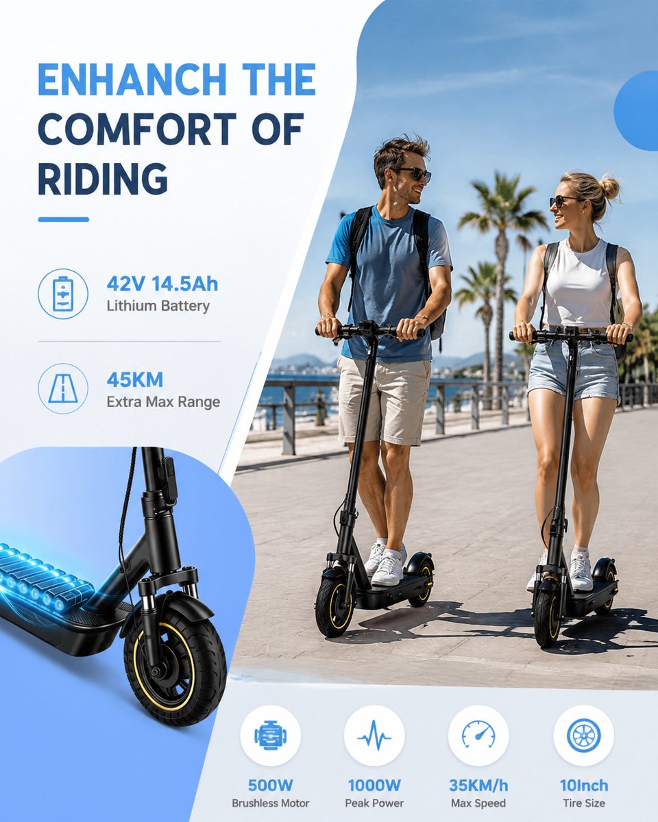 Minicee Elektrische step voor volwassenen, 48V 14.5Ah batterij, 10-inch vouwbare elektrische scooter, 52 KM bereik, 23 km / u, draagbaar pendelen – foto 5