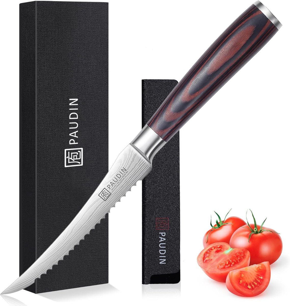 SnelShoppen - Professioneel Tomatenmes 13 cm, Ultra-scherp Keukenmes voor Zachte Groenten en Fruit, RVS Mes met Ergonomische Houten Handgreep voor Keu