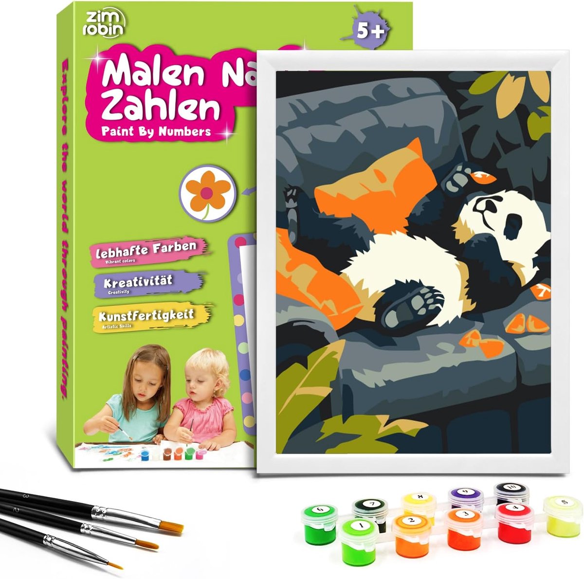 SnelShoppen - Schilderen op Nummer voor Kinderen - 13x18 cm - Creatief Schilderpakket met Panda Thema - Inclusief Acrylverf, 3 Penselen en Fotolijst v