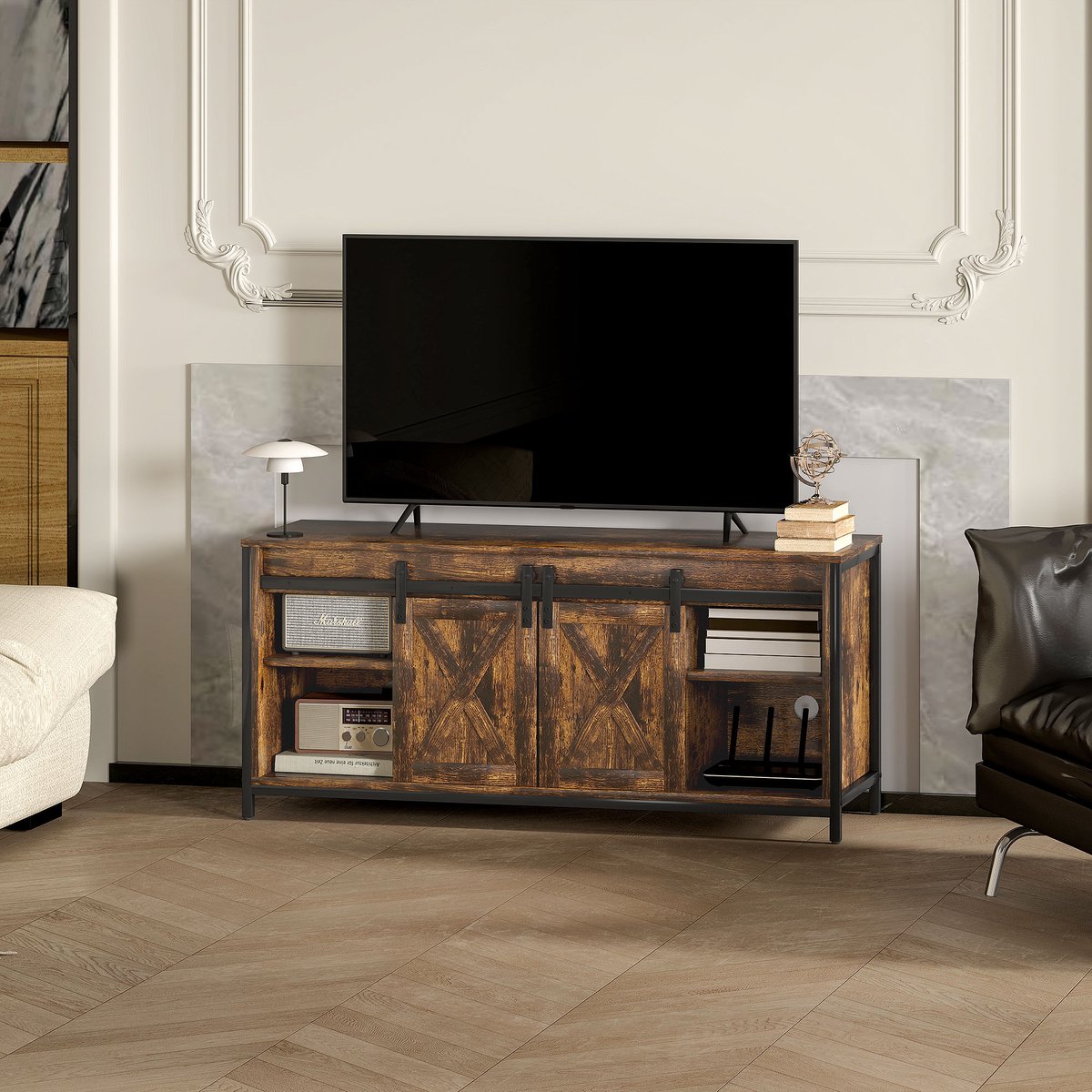 Pugsdrly TV-kast, tv-meubel voor tv's tot 60 inch, lowboard met 2 kasten en 2 planken, tv-kast voor de woonkamer, 120 x 40 x 54 cm, bruin