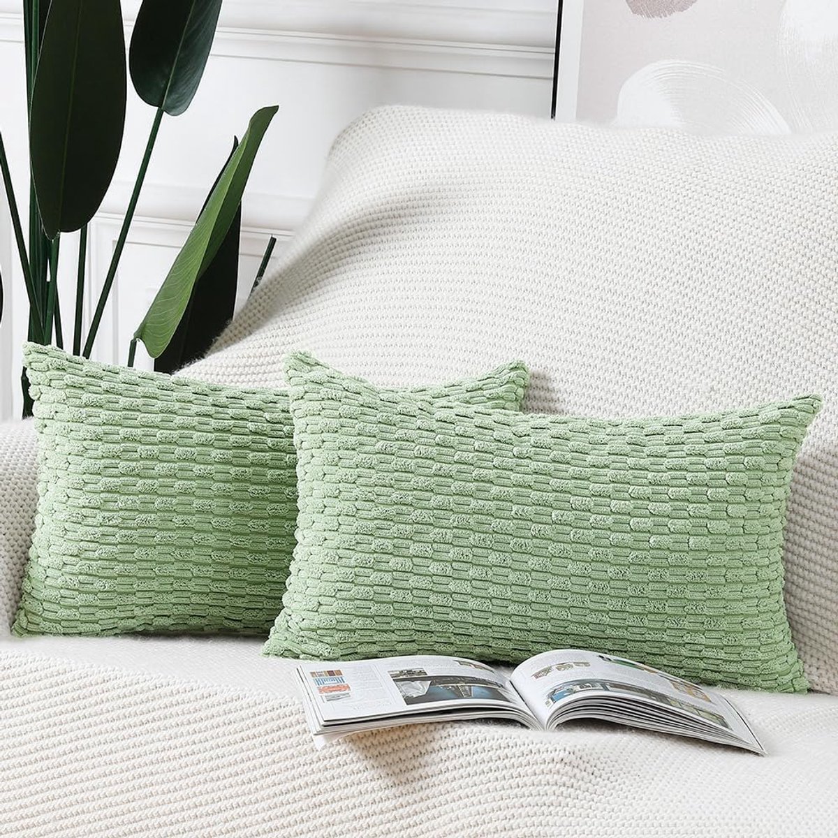 SnelShoppen - Set van 2 Corduroy Boho Kussenhoezen 40x60cm - Zachte Decoratieve Kussen Covers voor Sofa en Slaapkamer - Lichtgroen, Duurzaam en Stijlv