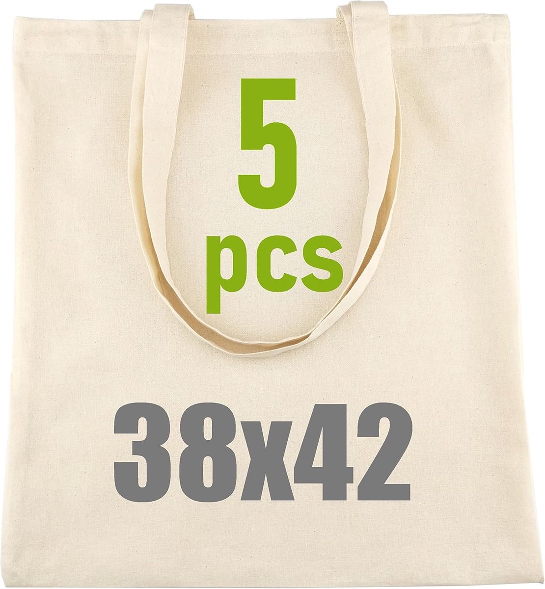 SnelShoppen - Grote Jute Tas 38x42cm - Katoenen Tas met Lange Handvatten - Onbedrukt Stoffen Tas - Ökotex 100 Gecertificeerd - Set van 5 Stuks - Eco-v