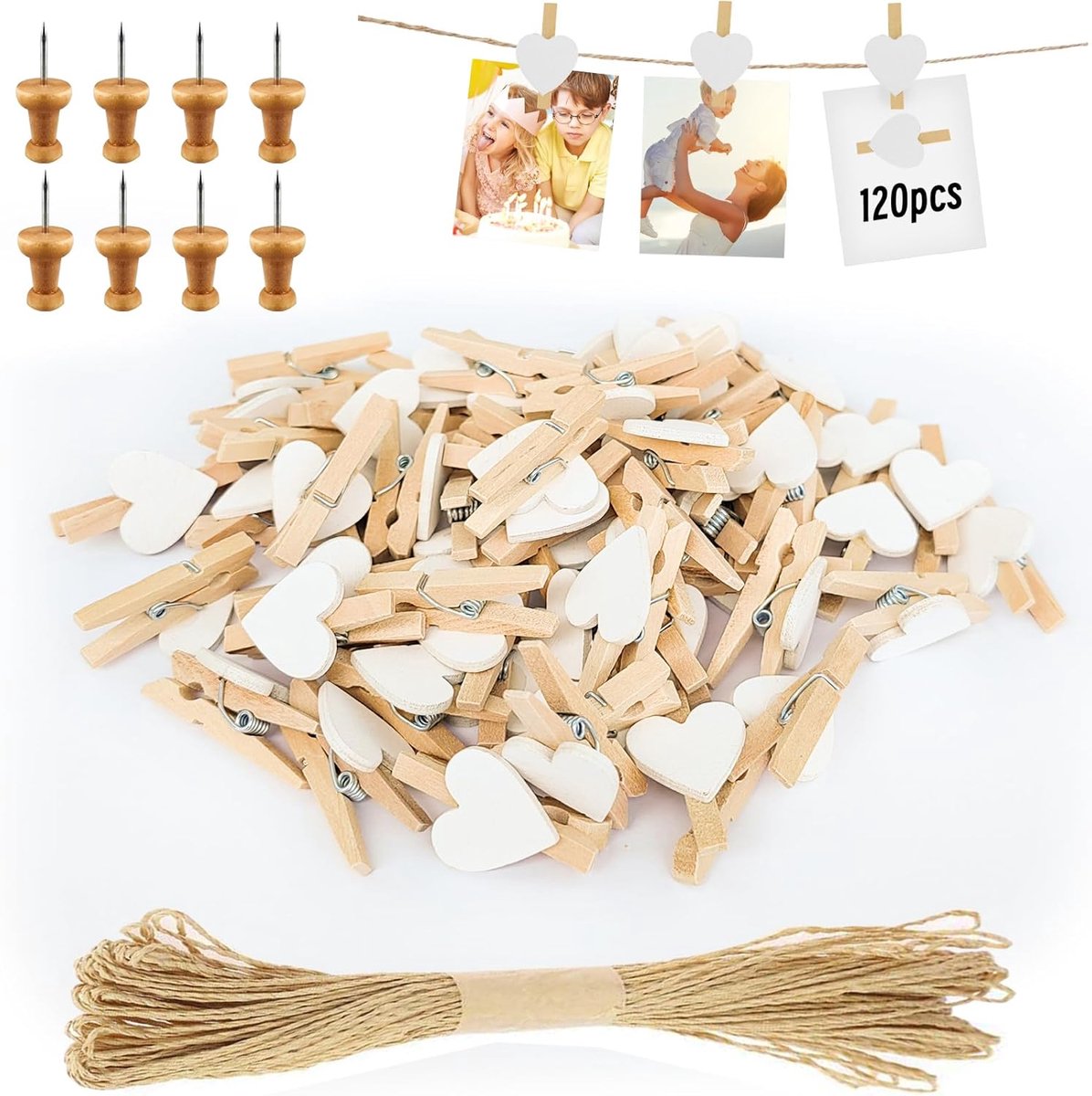 SnelShoppen - Mini Clothes Pegs 120 Stuks Hartvormige Houten Mini Kledingknijpers voor Foto's met 10M Jute Touw - Perfect voor Bruiloften, DIY Fotowan